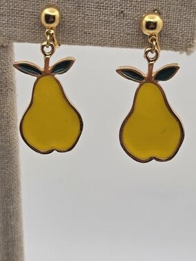 Vintage Coro Gold Plated Yellow Pear Drop Earrings Green Leaves Clip On